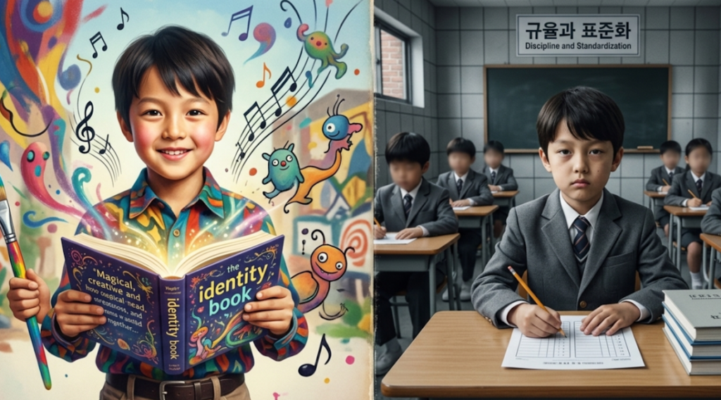 A split-screen contrast illustrating individual sovereignty versus the institutional framework, showing a vibrant, creative boy holding an open book of identity next to a rigid, standardized classroom where a somber student sits under a discipline sign.