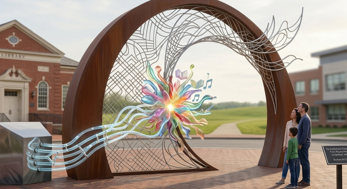 A large outdoor architectural sculpture of a metal arch with a vibrant, colorful center of books and music notes, representing creative breaking out from a structured system, viewed by a family in an open campus setting.