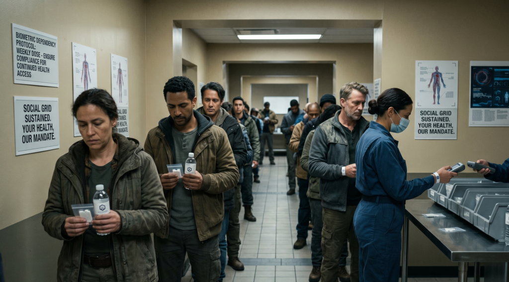 A bleak institutional hallway showing a line of citizens receiving standardized water bottles and ration packs to illustrate the loss of individual autonomy, surrounded by authoritarian posters stating Social Grid Sustained and Biometric Dependency Protocol.