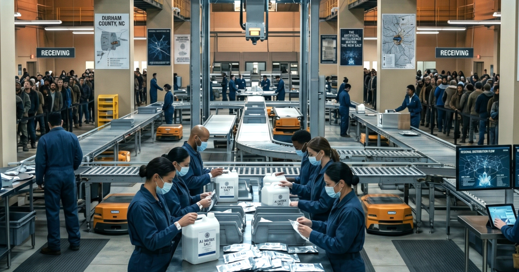 An industrial warehouse facility demonstrating the systematic control of individual autonomy, featuring factory workers in masks processing uniform white containers of salt under a screen labeled Durham Regional Infrastructure Node, surrounded by posters for The Artificial Intelligence Matrix: The New Salt and Biometric Dependency.