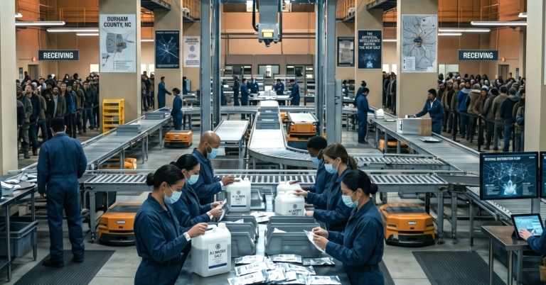 An industrial warehouse facility demonstrating the systematic control of individual autonomy, featuring factory workers in masks processing uniform white containers of salt under a screen labeled Durham Regional Infrastructure Node, surrounded by posters for The Artificial Intelligence Matrix: The New Salt and Biometric Dependency.