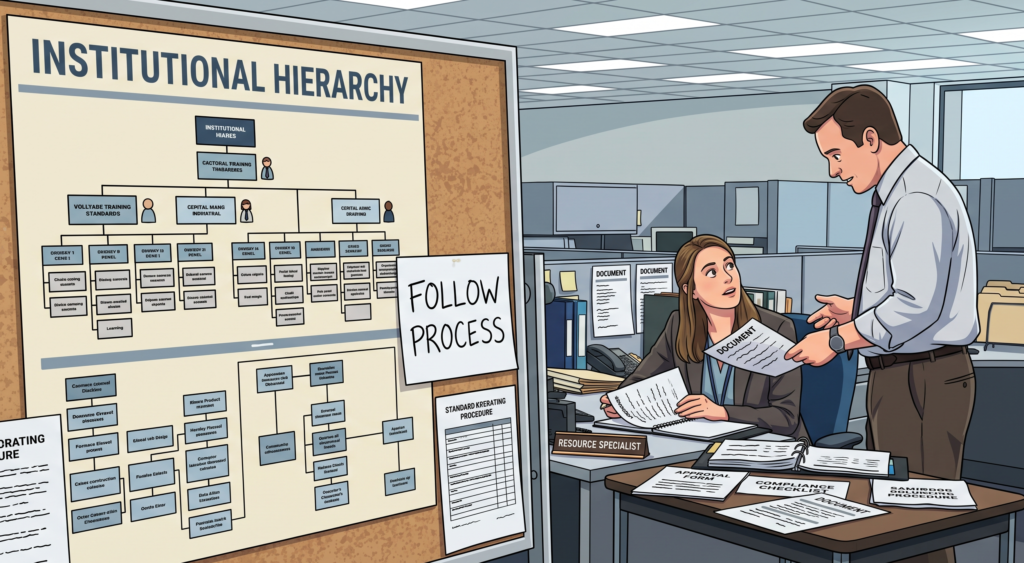An office setting featuring a prominent bulletin board displaying a detailed Institutional Hierarchy chart alongside corporate compliance documents, with a male supervisor and a female resource specialist reviewing paperwork at a desk.