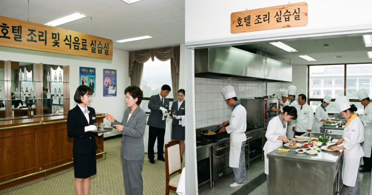 A split-screen view of students training inside a hotel hospitality school, showing a beverage service lab on the left and a commercial kitchen culinary training room with chefs preparing dishes on the right.