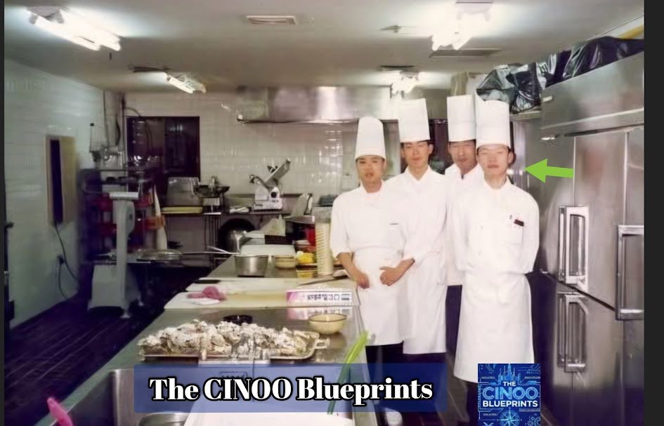 A young CINOO (far right) standing inside the Concord Hotel kitchen in Gyeongju, South Korea, 1993 — the starting point of a 25-year culinary career built on raw physical utility and unyielding self-education.
