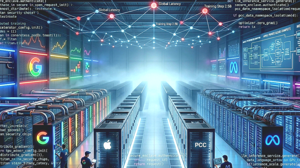 Google, Apple, and Meta server infrastructure controlling global AI data architecture and training networks