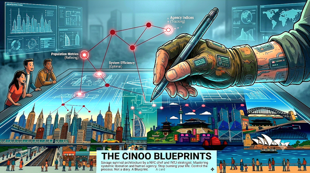 Human hand drawing a counter-blueprint across global cities — New York, Seoul, Dubai, Sydney — reclaiming human agency against algorithmic control
