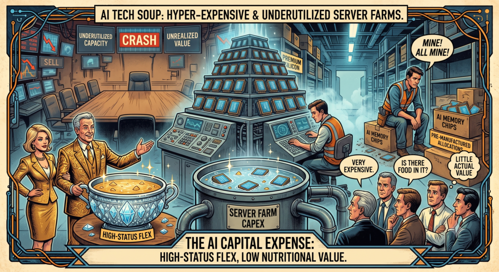 A vintage comic-style illustration depicting a fractured global map surrounded by panicked bankers and desperate hoarders during a "global institutional confidence crash" triggered by the AI memory boom.
