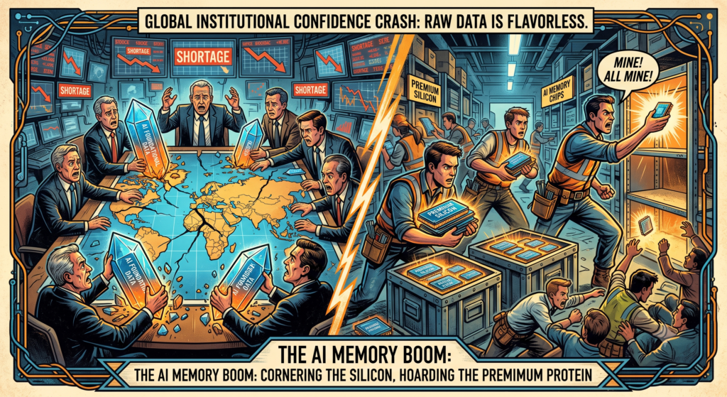 A vintage comic-style illustration showing a chaotic, satirical scene of an "AI tech soup," where workers and elites scramble for underutilized resources amidst market crashes.