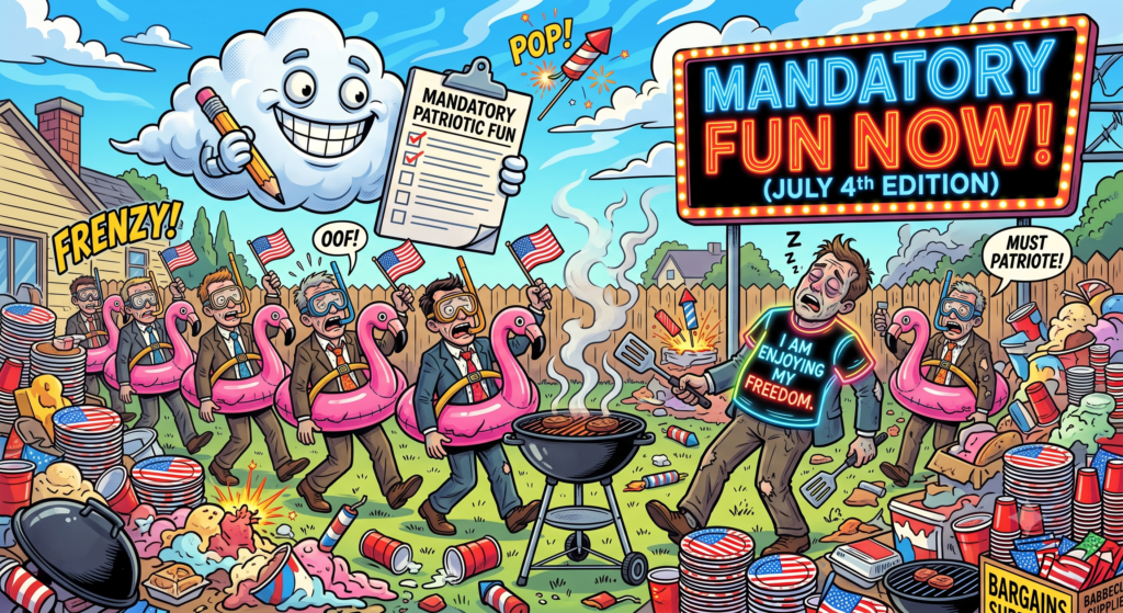 A satirical cartoon illustrating the exhaustion of ritualized consumption during a mandatory July 4th corporate holiday celebration.