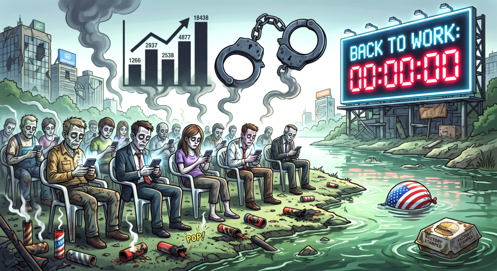 A dystopian cartoon illustrates zombie-like workers sitting on a polluted riverbank staring blankly at their smartphones as a large digital billboard countdown reaches zero next to the text "BACK TO WORK: 00:00:00." Floating in the toxic green water are remnants of a holiday, including a sinking American flag balloon, while smoke trails form corporate profit graphs and handcuffs in the sky.