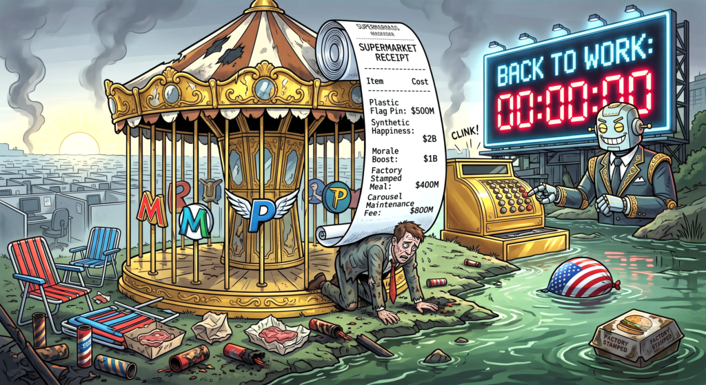 A satirical cartoon depicting an exhausted businessman crawling on a littered shore, crushed under a massive supermarket receipt coming out of a carousel, while a smiling robot executive operates a cash register beneath a giant "Back to Work" countdown billboard set to zero.