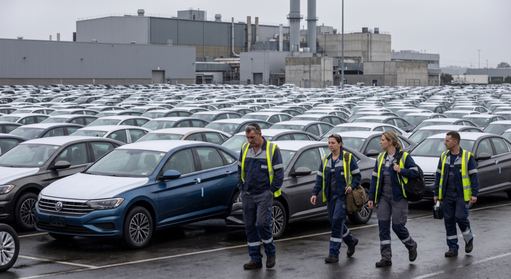 A wide shot shows four factory workers in dark blue uniforms and bright yellow safety vests walking through a massive parking lot packed with rows of new cars outside an industrial manufacturing plant.