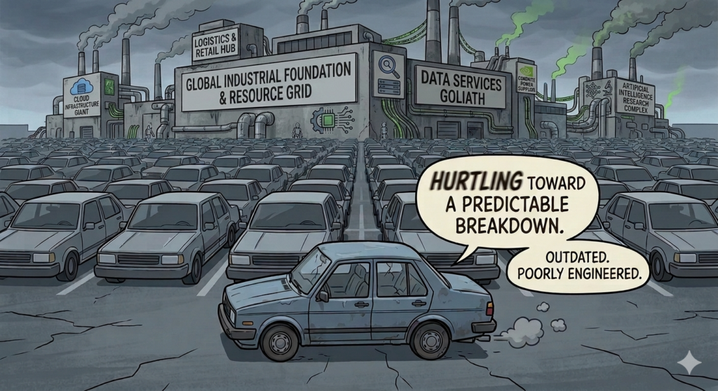 A political cartoon shows an outdated, smoking blue sedan sitting askew in a massive lot filled with endless rows of identical grey cars under a stormy sky. In the background, a monolithic factory complex looms with signs reading generic industry titles like "GLOBAL INDUSTRIAL FOUNDATION & RESOURCE GRID" and "ARTIFICIAL INTELLIGENCE RESEARCH COMPLEX."