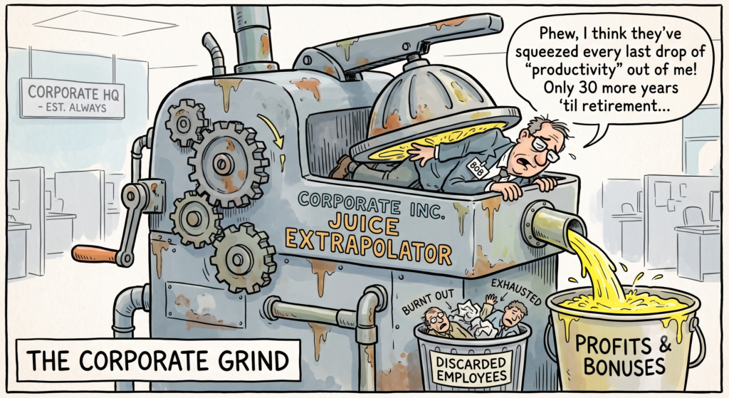 A satirical political cartoon titled "The Corporate Grind" showing a businessman named Bob being crushed inside a giant "Corporate Inc. Juice Extrapolator" machine that pours his productivity into a bucket labeled "Profits & Bonuses" while throwing "Burnt Out" and "Exhausted" workers into a "Discarded Employees" trash bin.