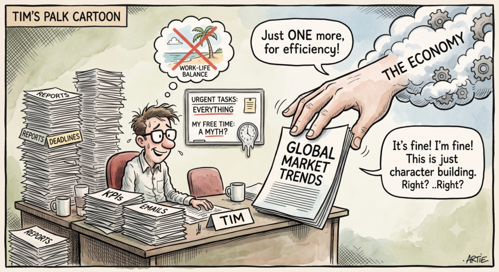 A satirical cartoon of an overworked office worker named Tim buried under towering stacks of reports, as a giant hand representing "The Economy" drops more tasks onto his desk for "efficiency" while work-life balance is crossed out.