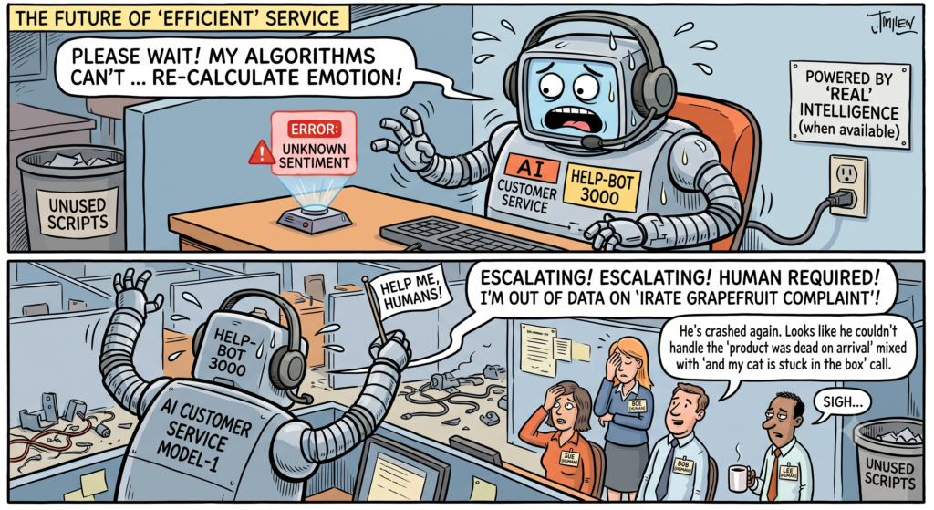 A two-panel satirical cartoon depicting an "AI Customer Service Help-Bot 3000" robot sweating and crashing due to an "unknown sentiment" error, waving a "Help me, humans!" flag while exhausted human employees look on in frustration.