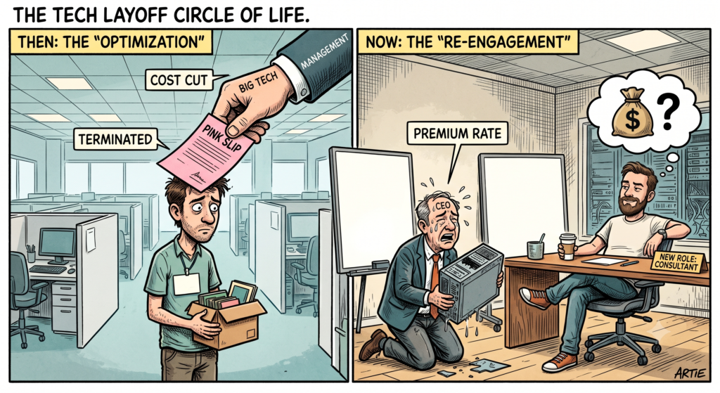A two-panel comic titled "The Tech Layoff Circle of Life." The left panel, "Then: The 'Optimization'," shows a giant management hand handing a pink slip to a dejected tech worker packing his belongings. The right panel, "Now: The 'Re-Engagement'," shows a weeping CEO on his knees holding a broken server, desperately begging the same worker—who is now sitting relaxed at a desk with a "New Role: Consultant" sign—while the worker contemplates charging a premium rate.