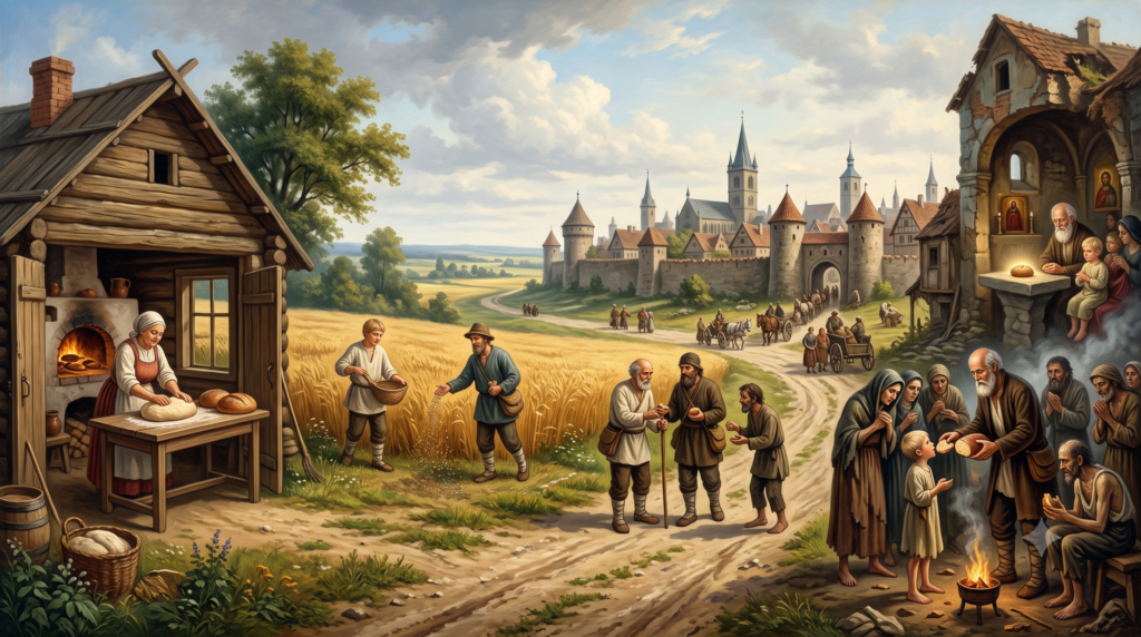 A detailed illustrative scene depicting a rural medieval village with a woman baking bread in a rustic hut, farmers sowing wheat in a field, and an elderly man sharing a loaf of bread with impoverished people near a path leading to a walled city.