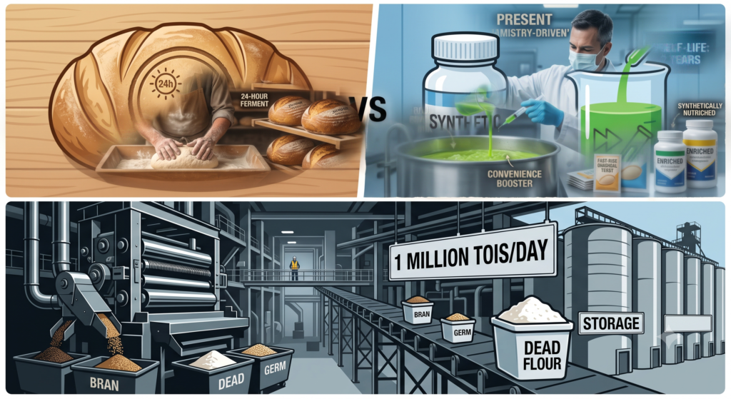 A three-panel graphic contrasting traditional baking with a 24-hour ferment against a laboratory scientist mixing synthetic chemical additives and a massive industrial mill processing grain into bins labeled bran, germ, and dead flour.