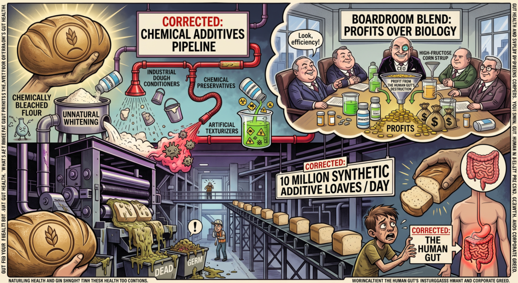 A multi-panel satirical infographic showing a factory pipeline pouring chemical additives and bleached flour into bread production, while corporate executives in a boardroom funnel gut destruction into profits, resulting in a sick consumer with an inflamed digestive tract.