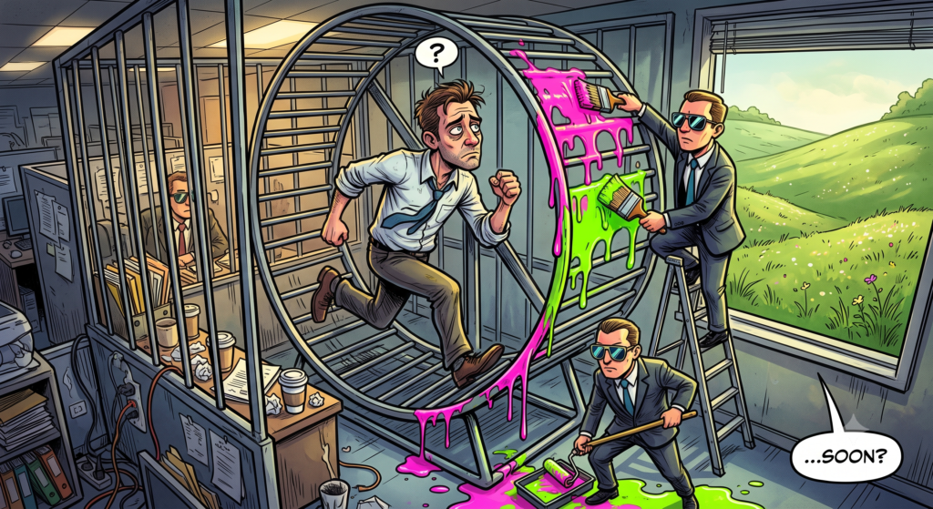 A satirical cartoon of an exhausted office worker running inside a giant metal hamster wheel, while corporate executives in suits paint it with bright pink and green neon colors to mask a window view of a vibrant green field.