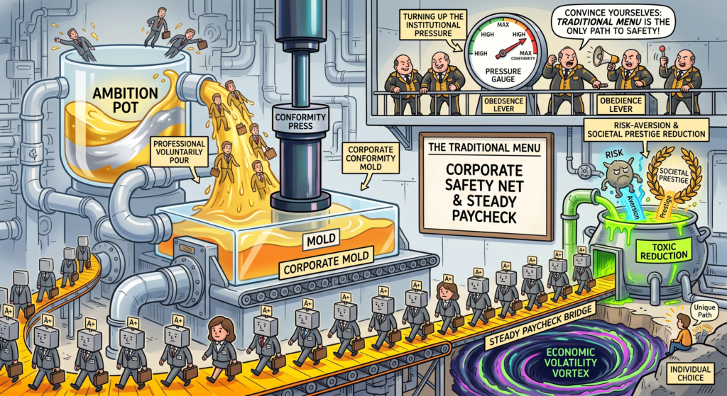 A complex factory machine pours ambitious workers from an "Ambition Pot" into a "Conformity Press" under the watch of corporate overseers driving maximum pressure. The machinery turns the individuals into identical, block-headed workers with A+ ratings who march along a conveyor belt over an economic volatility vortex.