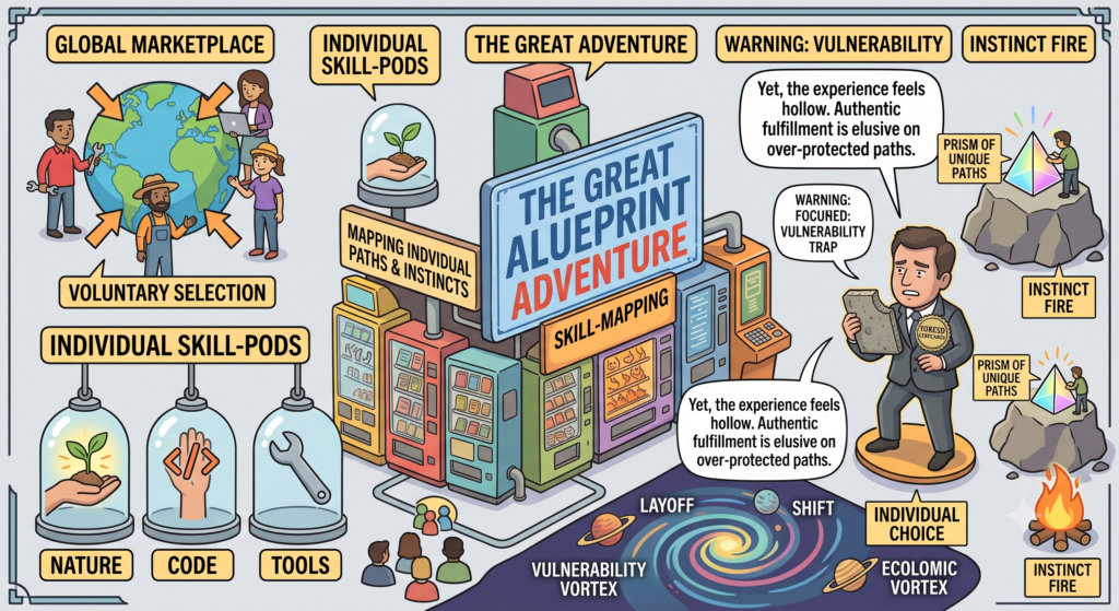 A cartoon diagram illustrating "The Great Blueprint Adventure," where individuals navigate skill-mapping machinery, isolated skill-pods, and a vulnerability vortex. On the right, a businessman eating a dry block reflects on how authentic fulfillment remains elusive on over-protected paths while a nearby figure works with a glowing prism of unique paths above an instinct fire.