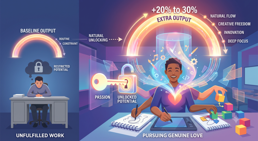 "PURSUING GENUINE LOVE" compares a sad worker in an "UNFULFILLED WORK" environment with 20-30% raw output unlocked to a joyful, multi-armed creator experiencing +20% "EXTRA OUTPUT." The creative side features a "NATURAL UNLOCKING" key of "PASSION," connecting to text boxes that list benefits like innovation, creative freedom, and deep focus against a vibrant, tech-filled background.