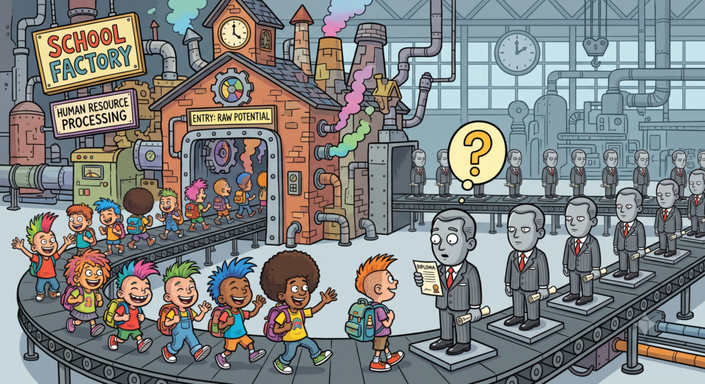 A cartoon factory diagram illustrates diverse students entering a 'School Factory' to be processed through an 'Entry: Raw Potential' door, emerging on a conveyor belt as identical figures in business suits.