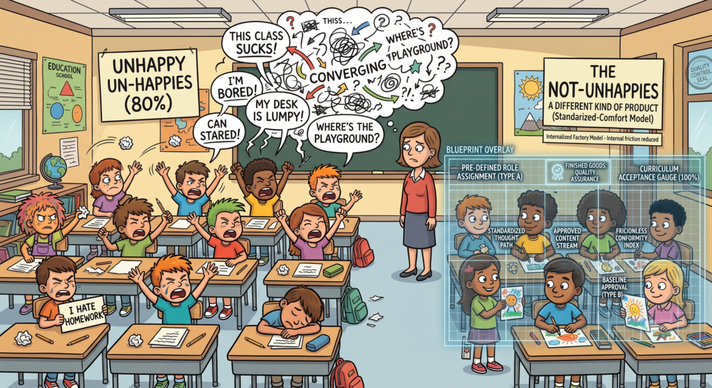 An illustrated editorial cartoon satirically contrasting two student groups. The left shows a chaotic, messy classroom of shouting students labeled "UNHAPPY UN-HAPPIES (80%)" creating a tangled thought cloud above a worried teacher. The right shows a quiet, structured classroom labeled "THE NOT-UNHAPPIES (20%)" covered by a technical blueprint overlay with labels like "STANDARDIZED THOUGHT PATH" and "Internalized Factory Model - Internal friction reduced."