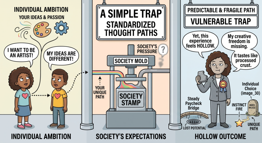 A dashed line labeled 'YOUR UNIQUE PATH' leads to the second panel, 'SOCIETY'S EXPECTATIONS', where the creative ideas enter a machine labeled 'SOCIETY MOLD' and 'SOCIETY STAMP'. A hand-stamped question mark from a separate input is marked 'SOCIETY'S PRESSURE'. This panel’s header reads 'A SIMPLE TRAP - STANDARDIZED THOUGHT PATHS'.