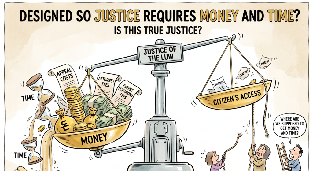 Editorial cartoon showing the scales of justice heavily tipped by money and legal costs against a citizen trying to access justice with limited time and funds.