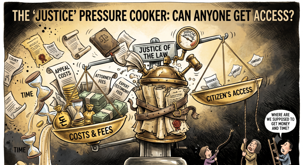 AI Mode Conversation: make alt text for that imageYou sent: 1 image and said: make alt text for that imagemake alt text for that imageAn editorial cartoon titled "The 'Justice' Pressure Cooker: Can Anyone Get Access?" critiquing the high financial and time barriers to the legal system.At the center is a metallic pressure cooker labeled "Justice of the Law," wrapped in tight leather straps and bulging with rolled legal documents. A gauge at the top reads "Judicial Pressure."A large balance scale rests across the cooker:Left Scale ("Costs & Fees"): Heavily weighed down by stacks of cash, coins, and documents labeled "Appeal Costs," "Attorney Fees," and "Expert Testimony Fees." One bag features the Korean won symbol (돈). Broken, leaking hourglasses labeled "Time" pour sand directly onto this side, adding to the crushing weight.Right Scale ("Citizen's Access"): Tilted high up in the air, appearing nearly empty except for a tiny piece of paper labeled "Evidence."In the bottom right corner, ordinary citizens look up in despair. One pulls a rope attached to the high scale, while another on a ladder asks, "Where are we supposed to get money and time?" Scattered "Court" and "Lawsuit" papers float through the dark background.make it shortAn editorial cartoon titled "The 'Justice' Pressure Cooker: Can Anyone Get Access?" illustrating the financial barriers of the legal system.A large balance scale is weighed down on the left by a golden tray labeled "Costs & Fees," which is overflowing with cash, hourglasses, and labels like "Attorney Fees" and "Appeal Costs." The right tray, labeled "Citizen's Access," is nearly empty and tilted high out of reach.The scale rests on a strapped pressure cooker labeled "Justice of the Law." In the bottom corner, ordinary citizens try to pull the high scale down, with one asking, "Where are we supposed to get money and time?"less than 125An editorial cartoon titled "The 'Justice' Pressure Cooker" showing how financial barriers block legal access. A large balance scale rests on a strapped pressure cooker labeled "Justice of the Law." The left side, "Costs & Fees," is heavily weighed down by stacks of cash, hourglasses, and labels like "Attorney Fees." The right side, "Citizen's Access," is nearly empty and tilted high out of reach. In the corner, everyday citizens look up in despair, trying to pull the high scale down with ropes while asking, "Where are we supposed to get money and time?"