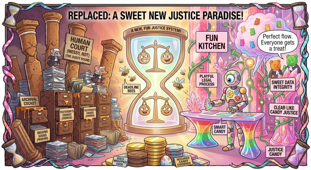 Whimsical cartoon contrasting a chaotic, honey-covered "Human Court" managed by mice with a bright, robotic "Sweet New Justice Paradise" featuring gummy bear lawyers and candy.