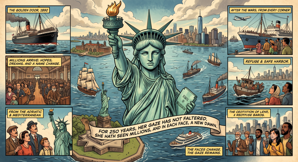 A comic-strip style illustration celebrating the 250-year American immigration story, depicting diverse generations of families arriving by sea and air, welcoming refugees to a safe harbor at the Statue of Liberty against the changing New York City skyline.