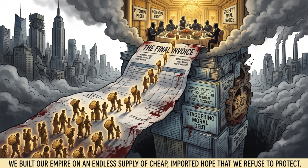 A satirical political cartoon depicting lines of diverse immigrant families carrying large golden coins up a massive, blood-stained "The Final Invoice" document, which funnels their labor directly into an elite dining hall labeled "Potential Profit" while standing on foundations marked "Staggering Moral Debt."