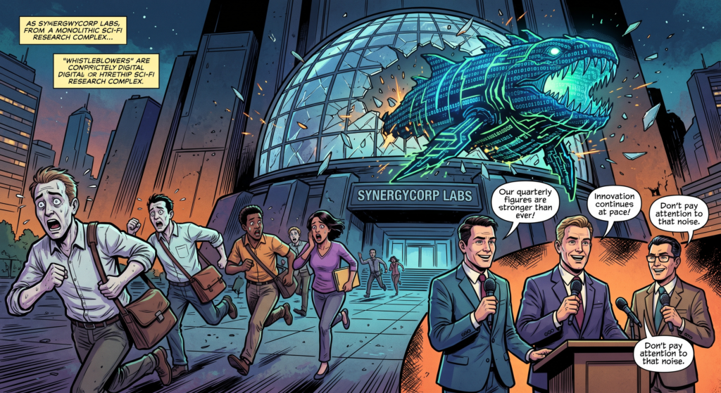 Cartoon of people fleeing a lab as a digital shark breaks out, while executives speak at a podium.
