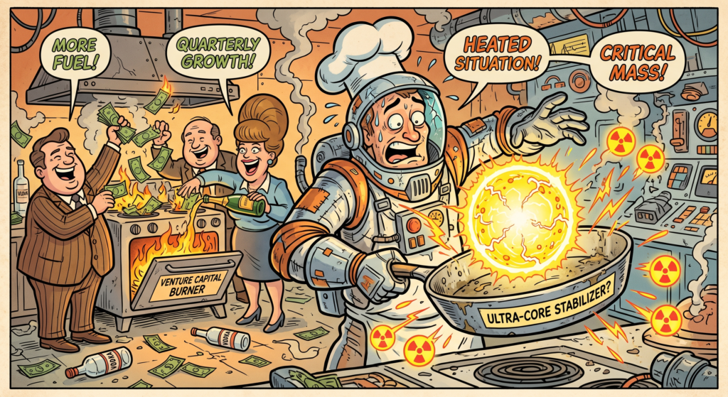 corporate executives throwing money into a fire while a panicked astronaut cooks a nuclear core.