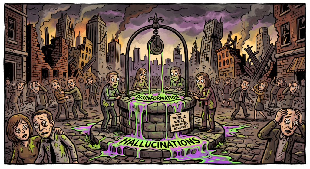 crowds poisoned by a public water well spilling green slime labeled disinformation and hallucinations.
