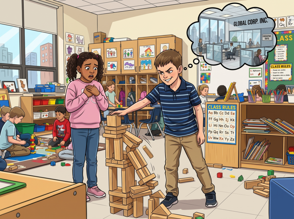 Cartoon of an aggressive boy knocking over blocks in a classroom, dreaming of a corporate executive suite.