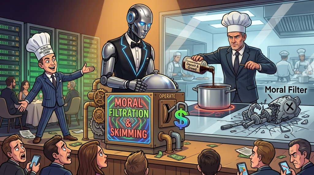 Editorial cartoon showing a broken moral filter machine in a server room kitchen as deceit is poured into a pot.