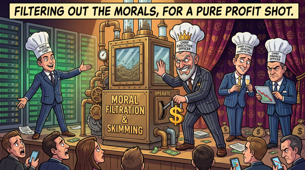 Satirical cartoon of corporate executives locking a moral filtration machine for profit.