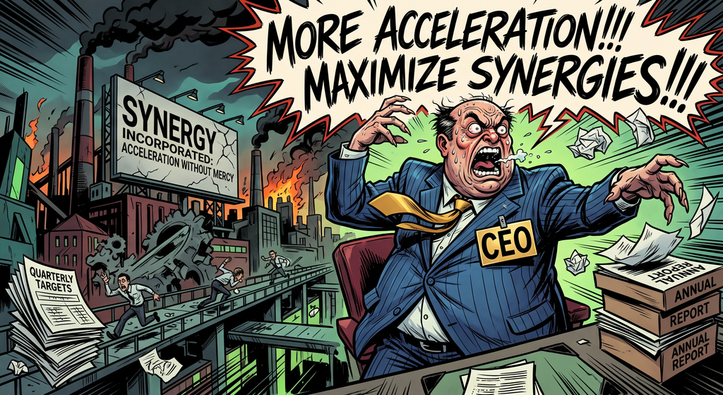 An angry, sweating corporate CEO shouting commands in front of a factory backdrop with a sign reading Synergy Incorporated: Acceleration Without Mercy, surrounded by piles of quarterly targets and annual reports.