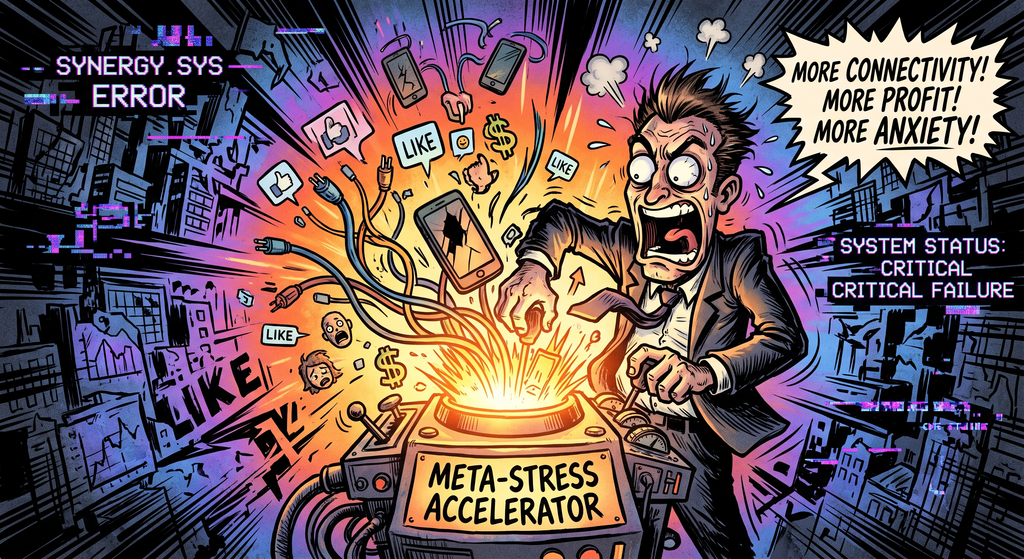 A panicked man in a suit pulling levers on a glowing console labeled Meta-Stress Accelerator, surrounded by flying smartphones, social media symbols, and error messages displaying a critical system failure.