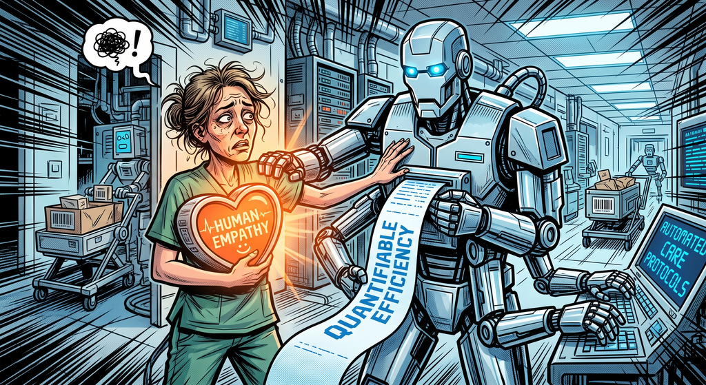 A distressed healthcare worker holding a glowing heart labeled Human Empathy while a multi-armed robot prints out a tape reading Quantifiable Efficiency in a futuristic hospital corridor.